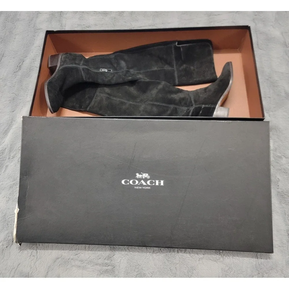 Coach Boots Womens 7 Black Lucia Split Suede Leather Over Knee Riding Zip w/ Box